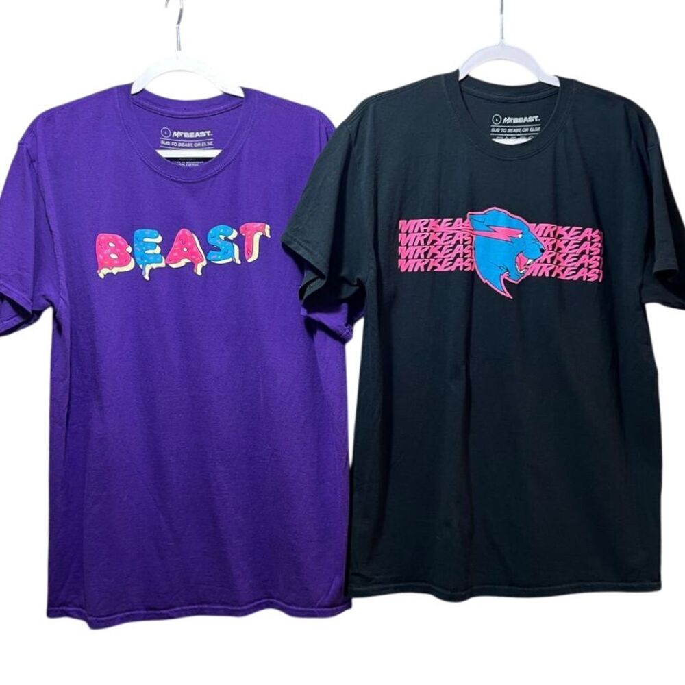 MrBeast‎ Graphic T-Shirt Bundle Cotton Streetwear Logo Print Black Purple Size L